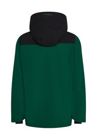 Veste vert foncé avec une capuche noire et un panneau supérieur au dos, manches longues, et logo "O'Neill" au centre arrière de la capuche.