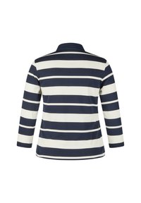 Marineblau-weiß gestreiftes Langarm-Polohemd mit klassischem Kragen und geradem Saum. Weicher Baumwollstoff mit horizontalen Streifen.