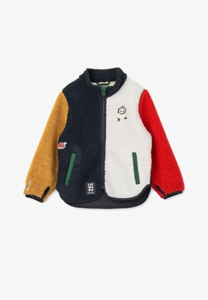 Sherpa-jakke med lynlås foran, med et mix af marineblå, hvid, rød og gul paneler. Pyntet med panda-broderi og grønne detaljer.