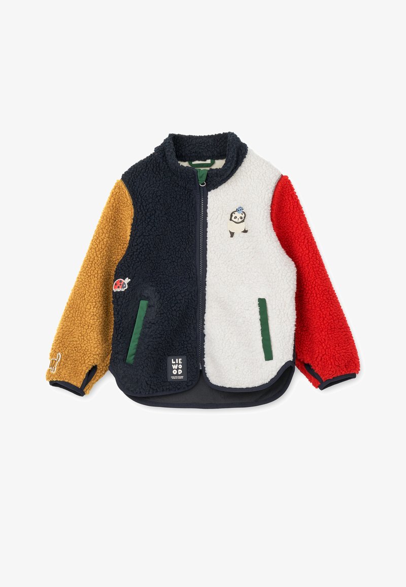 Veste Sherpa avec fermeture éclair à l'avant, présentant un mélange de panneaux bleu marine, blanc, rouge et jaune. Décorée d'une broderie de panda et d'accents verts.
