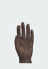 Brown leather glove with five fingers, fitted with a seamless design, smooth texture, and a snug wrist cuff. No accent details visible.