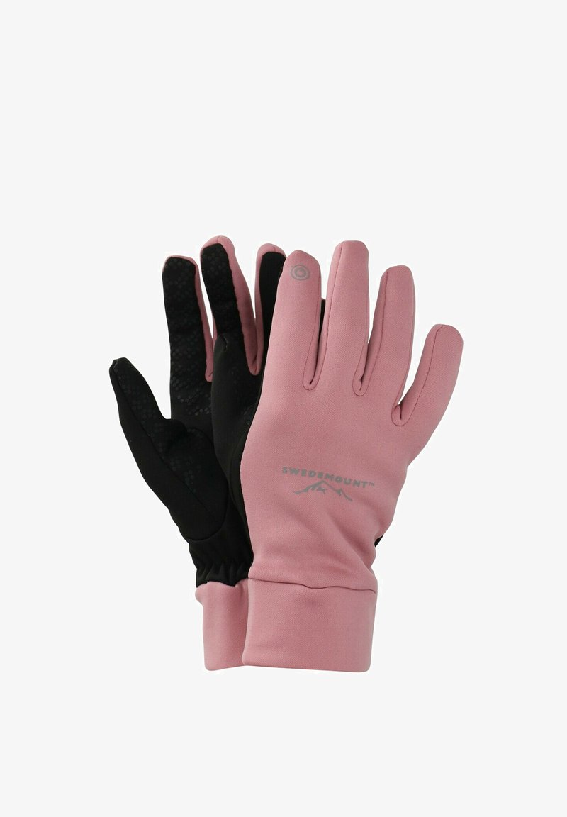 Rosa og sorte handsker med en tekstureret sort håndflade for bedre greb, ergonomisk pasform og elastisk håndled. Har logo på det rosa stof.