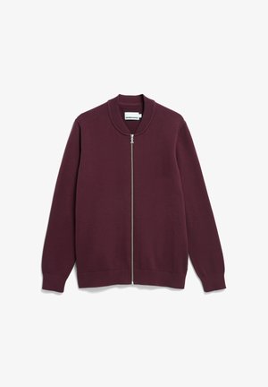 Burgundy zip-up sweater with a round collar, ribbed cuffs and hem, and smooth knit texture. Features a silver zipper front closure.