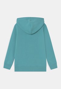 Felpa turchese con cappuccio e maniche lunghe, realizzata in tessuto morbido. Presenta un design semplice e una vestibilità rilassata. Nessun motivo o particolare visibile.