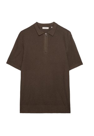 Bruine polo met korte mouwen en een ritskraag, met een geweven structuur patroon en een rechte zoom.