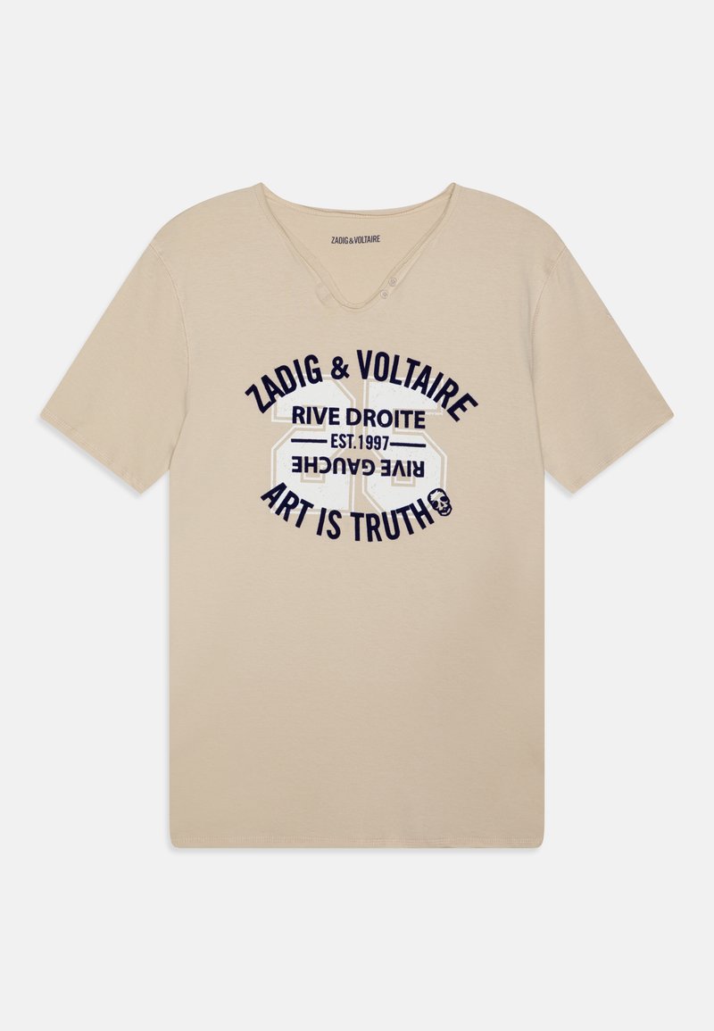 Beige bavlněné tričko s výstřihem do V, krátkými rukávy a grafickým potiskem v námořnické modři se slovy "ZADIG & VOLTAIRE UMĚNÍ JE PRAVDA."