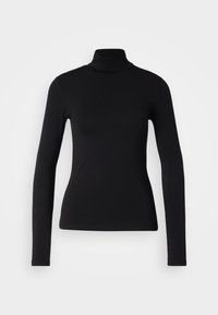 Svart høyhalset skjorte laget av elastisk stoff. Den har lange ermer, en tettsittende design og en glatt tekstur uten mønstre eller utsmykninger.