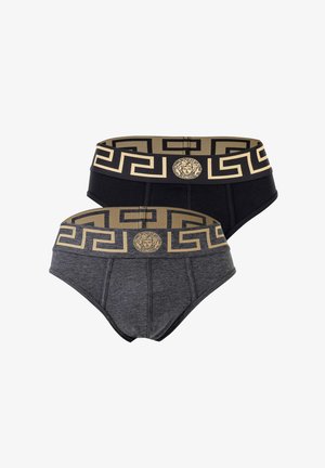 Juodos ir tamsiai pilkos vyriškos kelnaitės su auksine graikiško rakto raštų elastine juosmens juosta, kurioje yra Versace logotipas. Medvilnės mišinys, prigludęs dizainas.