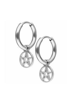 Silver hoop earrings with attached circular pendants featuring a cut-out star design. Smooth texture with a polished finish.