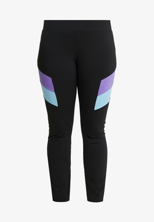 Sorte leggings med lilla og lyseblå geometriske fargeblokkeringspaneler på sidene. Laget av elastisk stoff for komfort.
