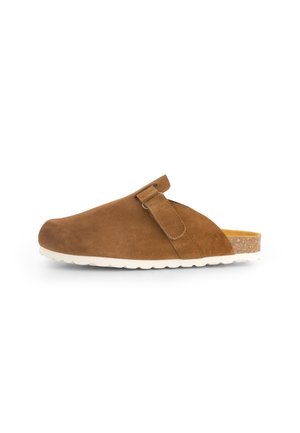 Brown suede slip-on clog with adjustable strap and white sole, featuring cork footbed and closed rounded toe.