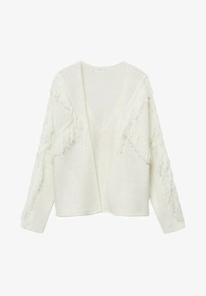 Cardigan de punto color crema con parte delantera abierta y detalles de flecos a lo largo de las mangas y el pecho en un patrón texturizado.