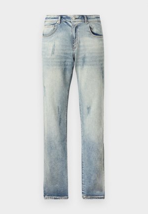 Light blue denim jeans with a straight leg, slight fading, and subtle distressing. Features five pockets and a button closure at the waist.