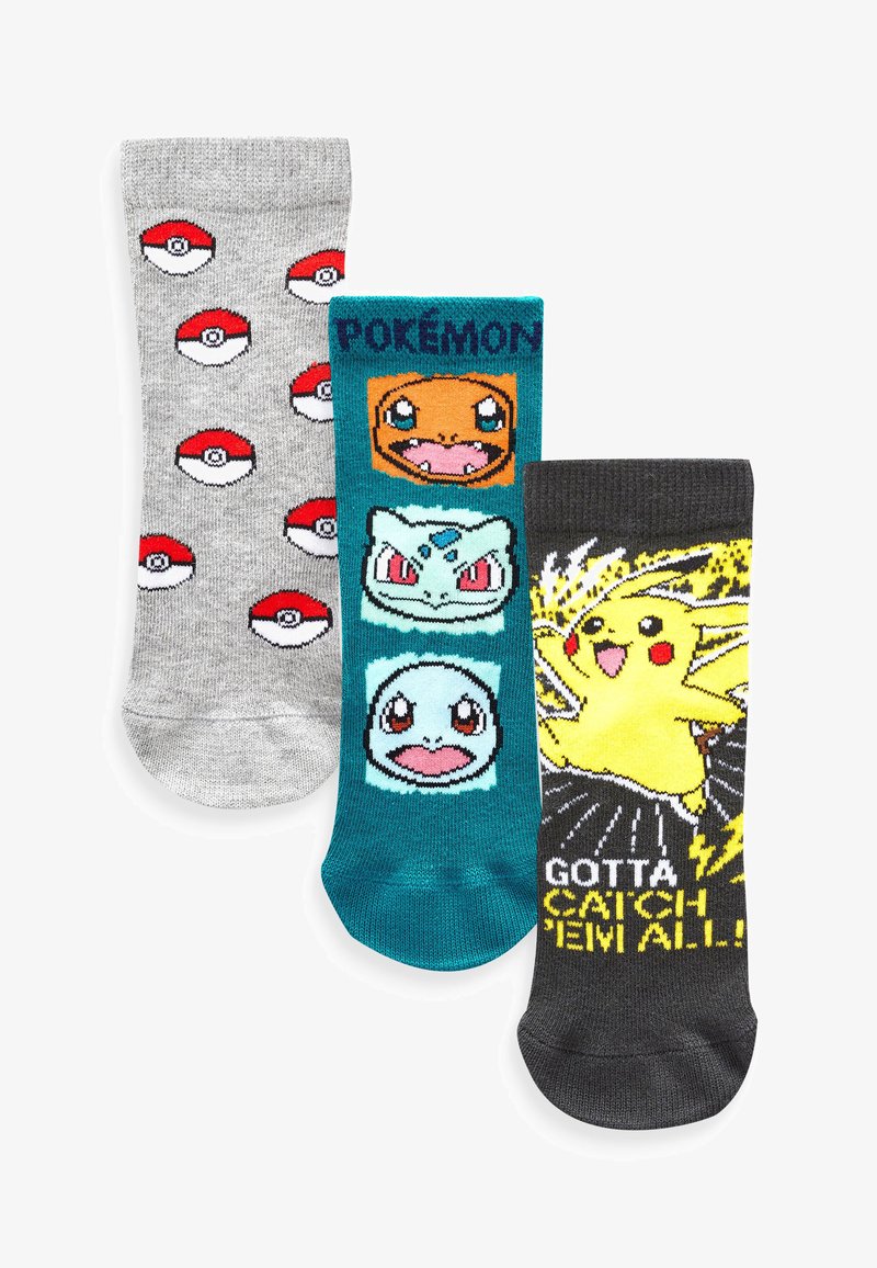 Three pairs of socks: gray with Pokémon balls, teal with Pokémon characters, and black with Pikachu, featuring bold graphics and bright colors.
