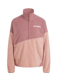 Fleece-pusero vaaleanpunaisissa sävyissä, jossa on korkea kaulus ja 1/4-vetoketju. Ominaisuuksiin kuuluvat pehmeä rakenne, kontrastivärinen lohkorakenne ja Terrex-logo.