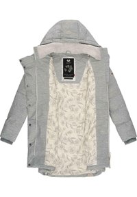 Szara kurtka ocieplana z podszyciem z sztucznego owczej wełny. Wewnętrzny materiał zdobiony kwiatowym wzorem w jasnoszarym na kremowym tle. Zapięcie na zamek błyskawiczny i napy.