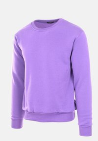 Felpa di cotone viola con collo rotondo, polsini e orlo a costine. Presenta una texture liscia e una vestibilità comoda.
