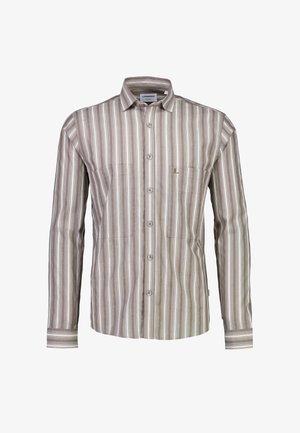 Herenoverhemd met lange mouwen in lichtbruin met verticale witte strepen, voorzien van een button-downkraag, twee borstzakken en een subtiel logodetail.