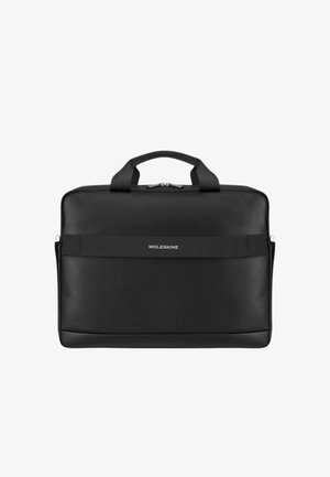 Borsa per laptop Moleskine nera e rettangolare con manici, cinghia orizzontale e chiusura a zip superiore.