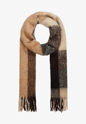 Écharpe en laine à larges rayures verticales beige, marron, gris foncé et noir, avec des extrémités à franges.