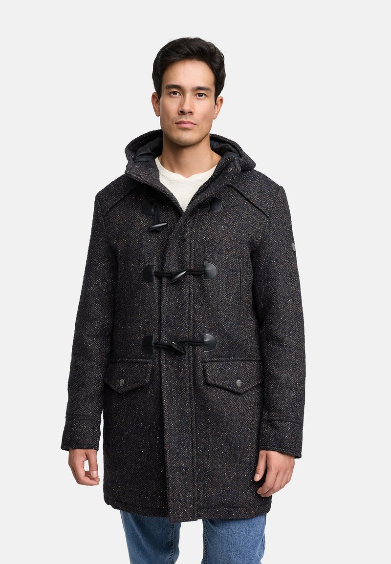 Dunkler Hahnentritt-Wollmantel mit Kapuze, Knebelverschlüssen, zwei Taschen und geradem Schnitt. Verfügt über einen strukturierten, warmen Stoff.