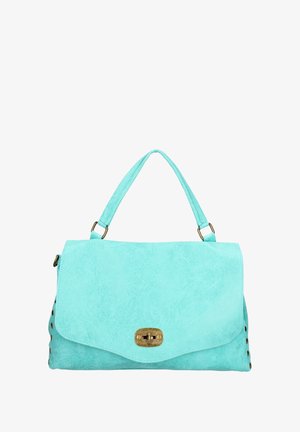 Tegengestelde turquoise nepleer handtas met een klep-sluiting, gouden hardware en zijstudaccenten. Beschikt over een enkele handgreep voor het dragen.