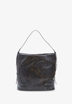 Grand sac à épaule en cuir noir avec une finition texturée, doté de deux sangles décoratives et d'une seule poignée pour l'épaule.
