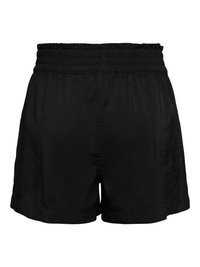 Czarne damskie szorty z elastycznym pasem i marszczonym obwodem talii, o luźnym kroju i krótkiej długości.