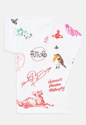Witte T-shirt met korte mouwen met verschillende kleurrijke bedrukte ontwerpen, waaronder dieren en tekst in rood en roze, met een casual, relaxte pasvorm.