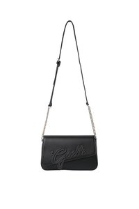 Borsa a spalla nera in pelle con tracolla in catena argentata, dotata di un logo "Gaelle" in rilievo sul davanti. Texture liscia, forma rettangolare.