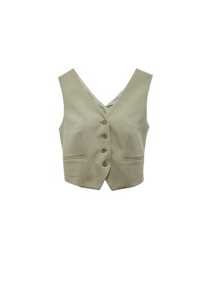 Gilet beige con scollo a V, cinque bottoni e due tasche frontali. Forma sartoriale con texture liscia e design della schiena a scollo basso.