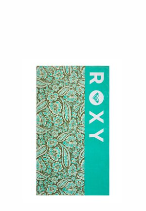 Toalla de playa con patrón floral en turquesa y marrón con el texto "ROXY" y el logo sobre una franja vertical sólida en turquesa.