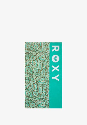 Toalla de playa con patrón floral en turquesa y marrón con el texto "ROXY" y el logo sobre una franja vertical sólida en turquesa.