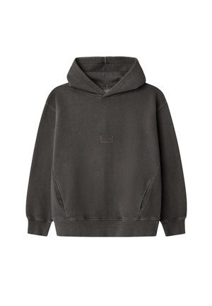 Charcoal szary hoodie z przednią kieszenią, ściśniętymi mankietami i dołem oraz centralną naszywką z logo. Wykonany z miękkiej, teksturowanej tkaniny.