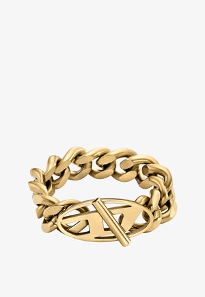Gouden armband met in elkaar grijpende schakel, voorzien van een gestructureerde afwerking en een ovale toggle sluiting. Verstelbaar voor de juiste pasvorm.