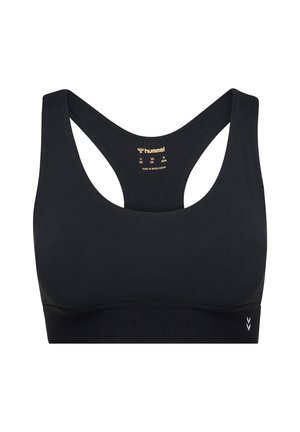 Sort sømløs sports-bh med racerback-design og lille reflekterende mærkelogo nær den nederste kant.