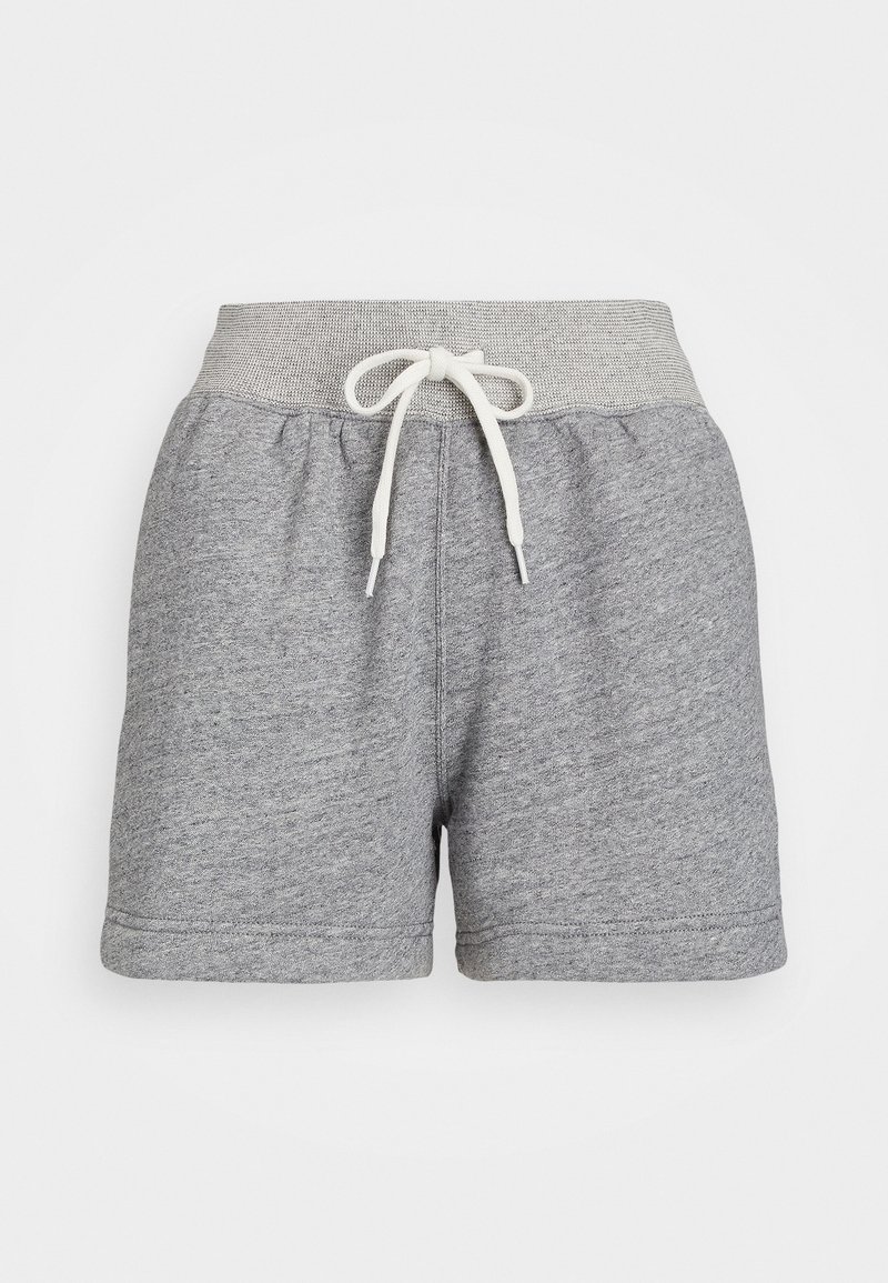 Shorts gris en maille de coton avec bande élastique à la taille et cordon blanc, conçus pour un usage décontracté.