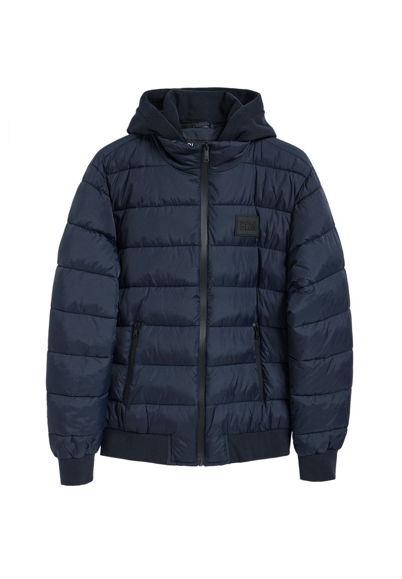 Marinblå puffjacka med dragkedja framtill, huva och två fickor med dragkedja. Har ett kviltat mönster och ribbade muddar för extra värme.