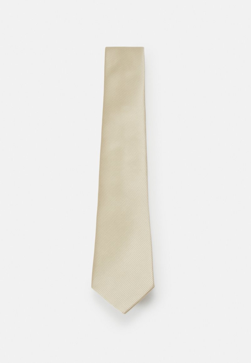 Lys beige slips med et subtilt diagonalt stribemønster, lavet af glat stof, med en spidse ende og en flad bredde hele vejen igennem.