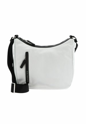 Sac bandoulière gris clair en nylon, avec une fermeture éclair noire, une sangle réglable et une poche zippée à l'avant. Design lisse et épuré.