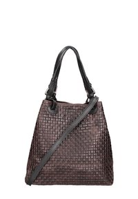 Geweven leren handtas in donkerbruin, met dubbele zwarte banden en een afneembare schouderband. Schakenbordstructuur met ronde accenten.