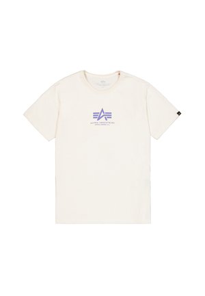 Krémové tričko vyrobené z měkké bavlny, s fialovým logem s geometrickými tvary na hrudi a krátkými rukávy.