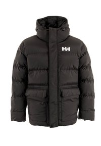 Giacca a vento nera con colletto alto, zip frontale e due tasche sul davanti. Presenta un logo bianco sul lato sinistro del petto. Texture liscia.