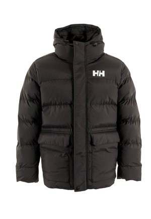 Czarna kurtka puchowa z wysokim kołnierzem, zapinana na zamek z przodu, z dwiema kieszeniami z przodu. Posiada białe logo na lewej piersi. Gładka faktura.