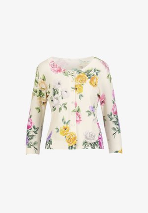Crèmekleurig vest met bloemenpatroon in roze, geel en paars. Voorzien van een ronde hals, geribbelde manchetten en een knoopsluiting aan de voorkant.
