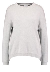 Ljusgrå, långärmad tröja med ribbad krage, sänkta axlar och siddragkedjor. Tyget har en slät struktur och avslappnad passform.