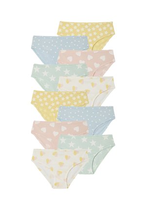 Ten pairs of cotton briefs in pastel colors featuring various patterns: stars, hearts, polka dots, and teardrops.