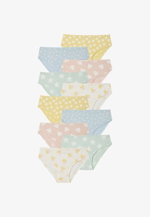Ten pairs of cotton briefs in pastel colors featuring various patterns: stars, hearts, polka dots, and teardrops.
