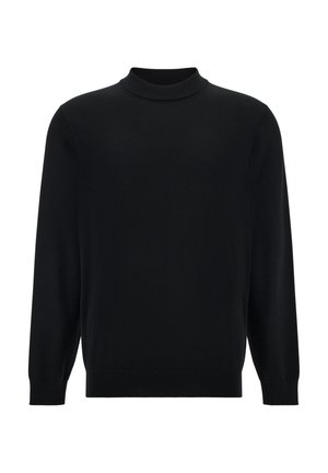 Maglione nero con collo alto, maniche lunghe, texture morbida e polsini e orlo a coste. Design semplice senza motivi o decorazioni visibili.