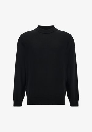 Černý svetr s vysokým límcem, dlouhými rukávy, měkkou texturou a žebrovanými manžetami a lemem. Jednoduchý design bez viditelných vzorů nebo ozdob.
